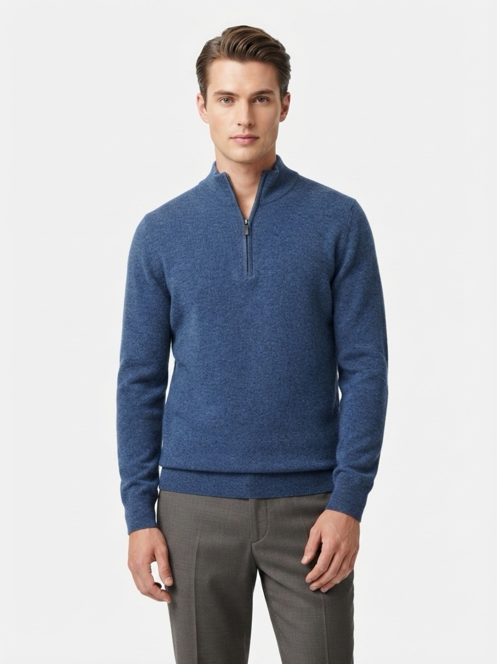 Joseph Abboud Quarter Zip Sweater Ribbed Trim Merino Wool Blue XL